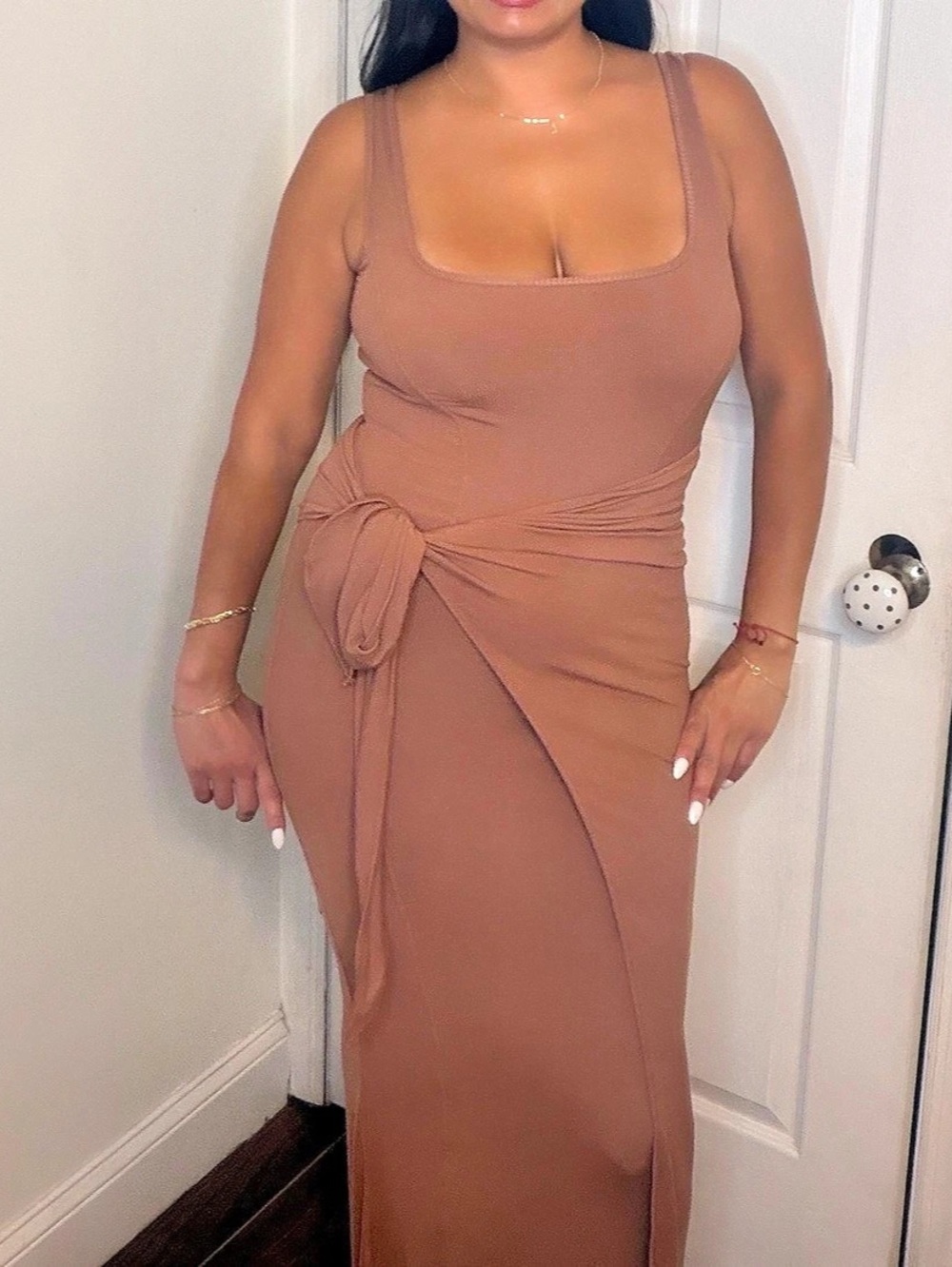 Popilush Brown Modal Twist Wrap Tummy Control Maxi Dress.